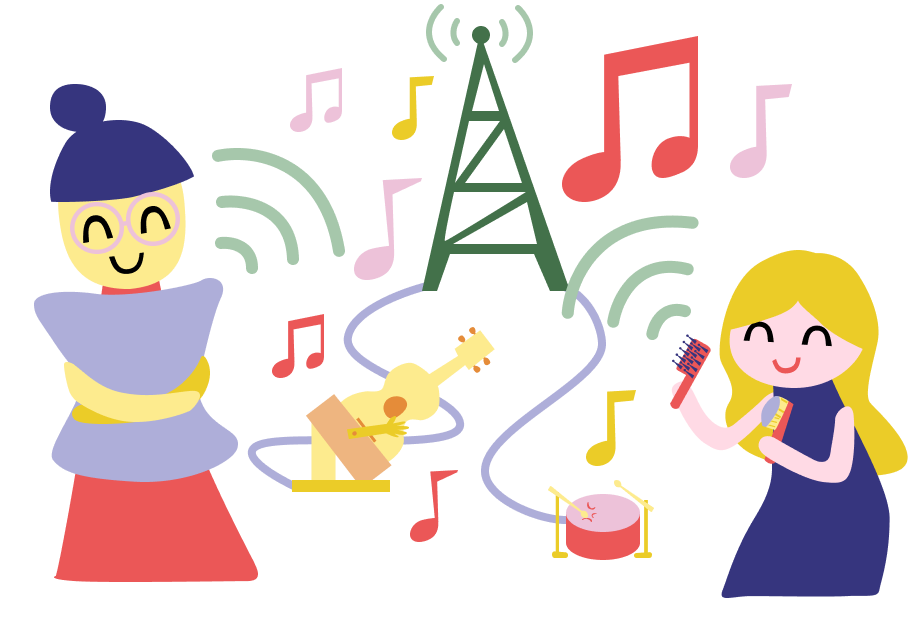 Girls playing music with a pillow and hairbrushes. Illustration.